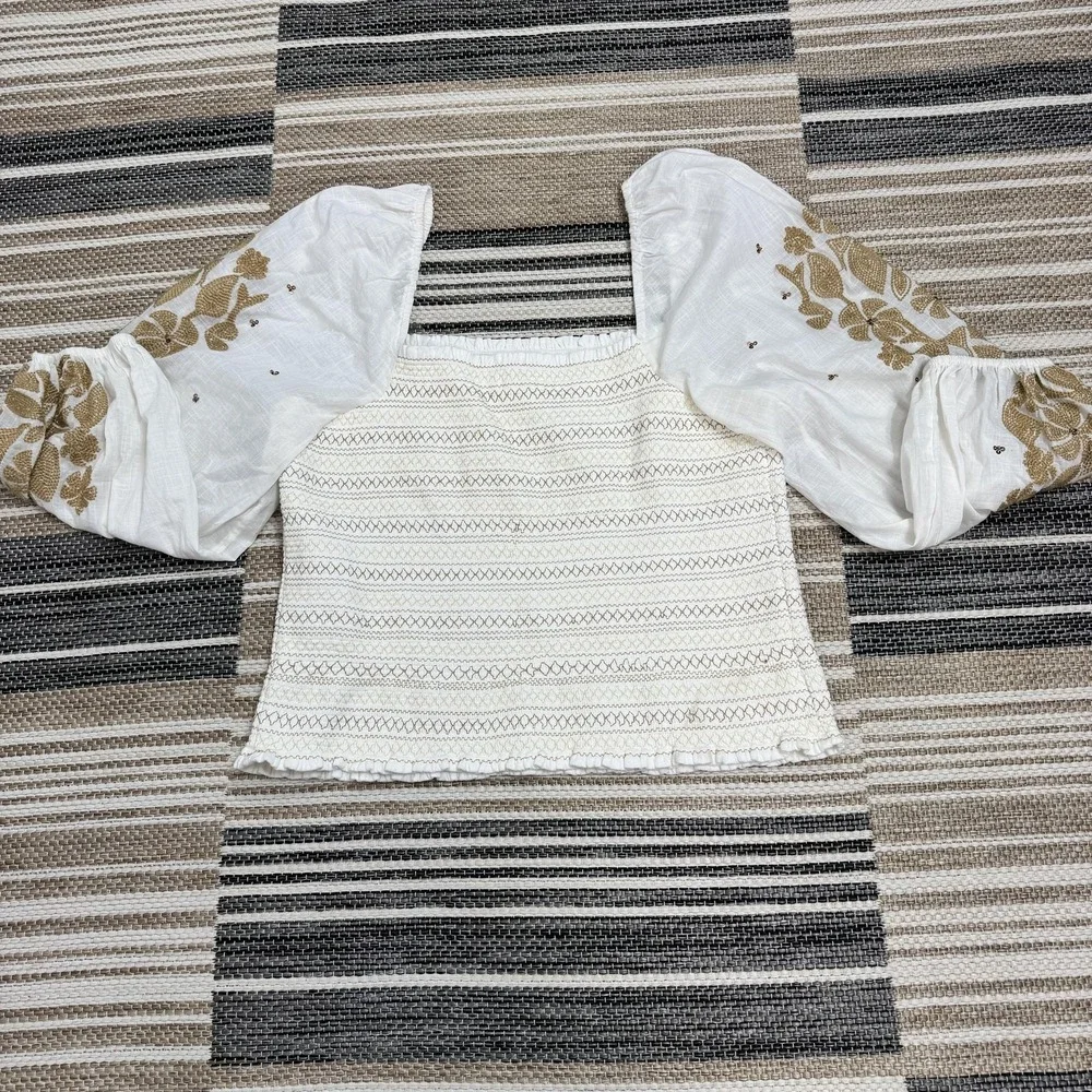 Anthropologie Women's XL White Smocked Embroidered Puff Sleeve Square Neck Top‎
